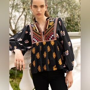 Oliphant Mandarin Balloon Sleeve Top in Black - Size S